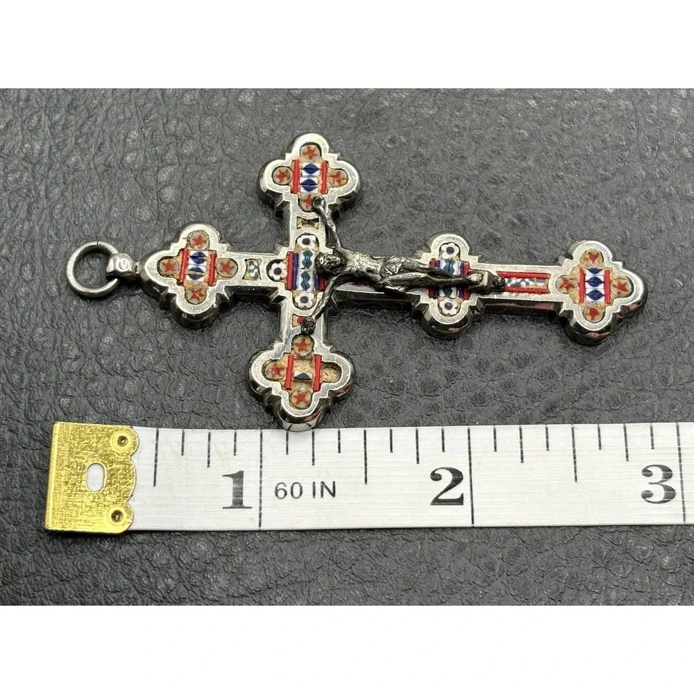 VTG Large Italian Micro Mosaic Crucifix Pendant Cross Religious READ Silver Tone